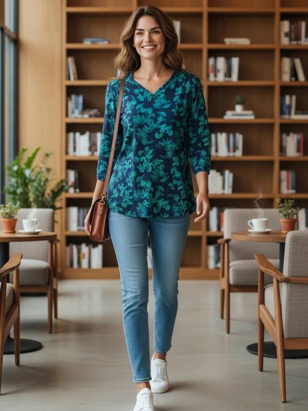 Liz Claiborne Womens L Cotton Blue Green Floral V-Neck 3/4 Sleeve Top Keyhole